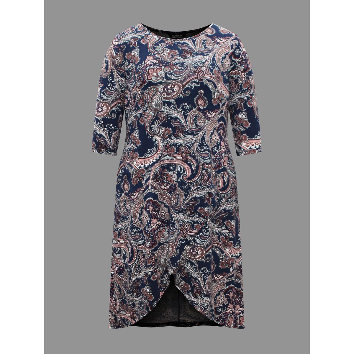Plus Size Wrap Hem Bandana Floral Dress Navy Women Leisure Overlapping Knit Dresses Bloomchic 26/4X Product Image