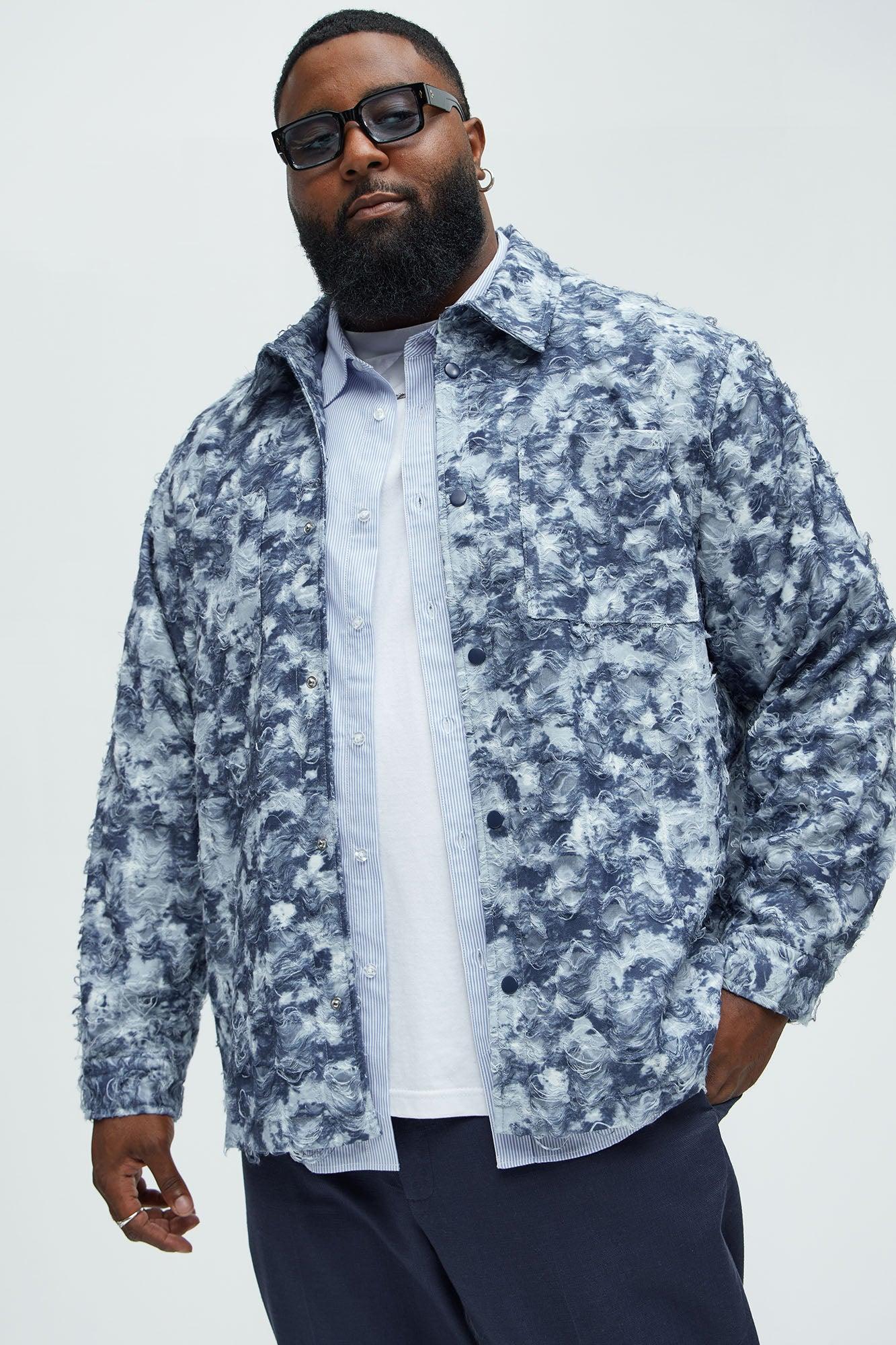 Babson Distressed Denim Like Button Up Shirt - Blue/combo Product Image