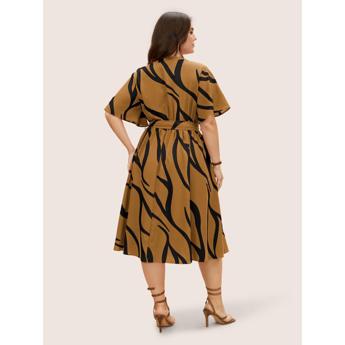 Plus Size Geometric Surplice Neck Tie Knot Midi Dress Wheat Women At the Office Belted Flat collar with V-notch Short sleeve Curvy BloomChic 18-20/2X Product Image