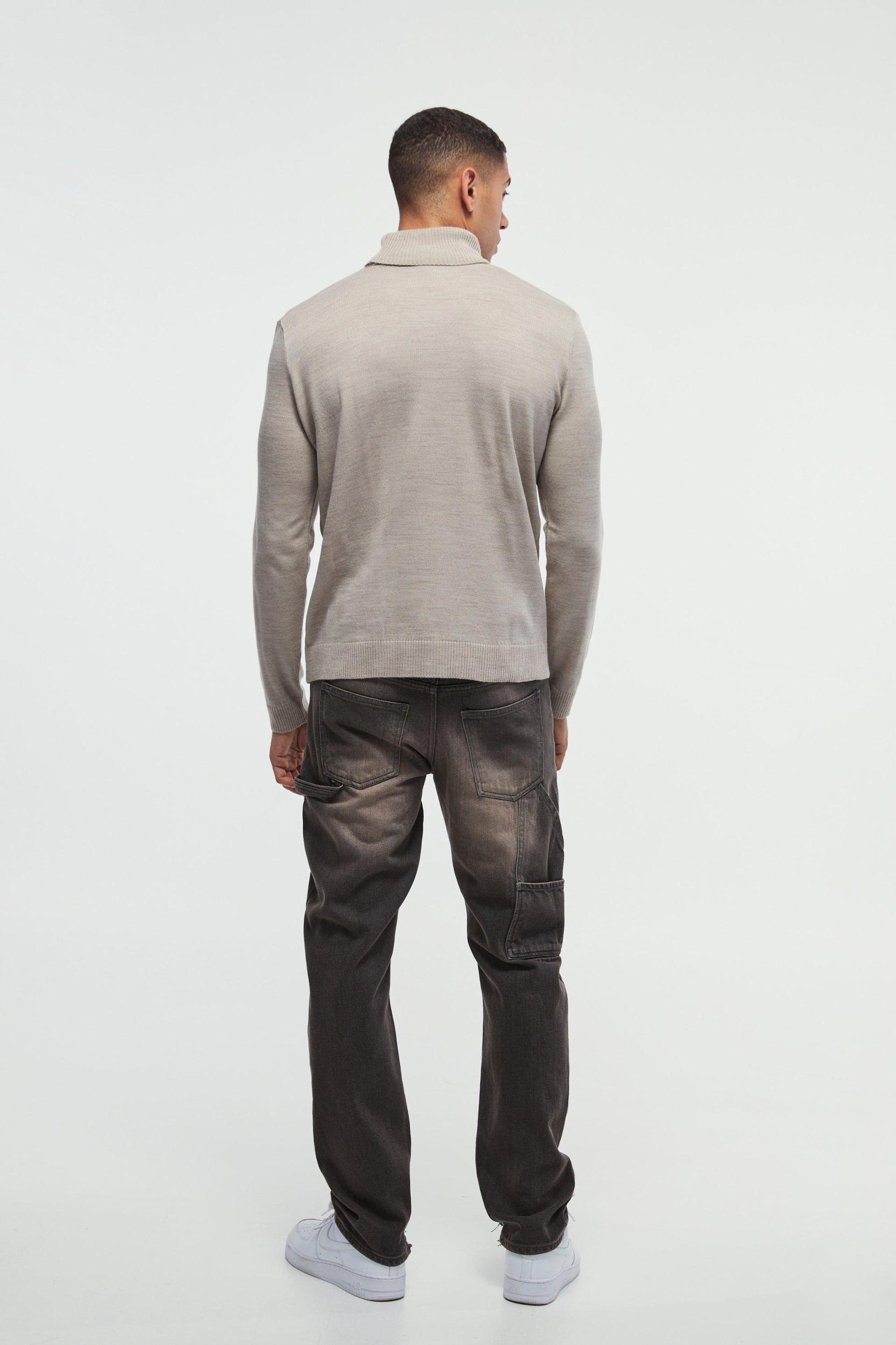 Long Sleeve Roll Neck Sweater In Stone | boohooMAN USA Product Image
