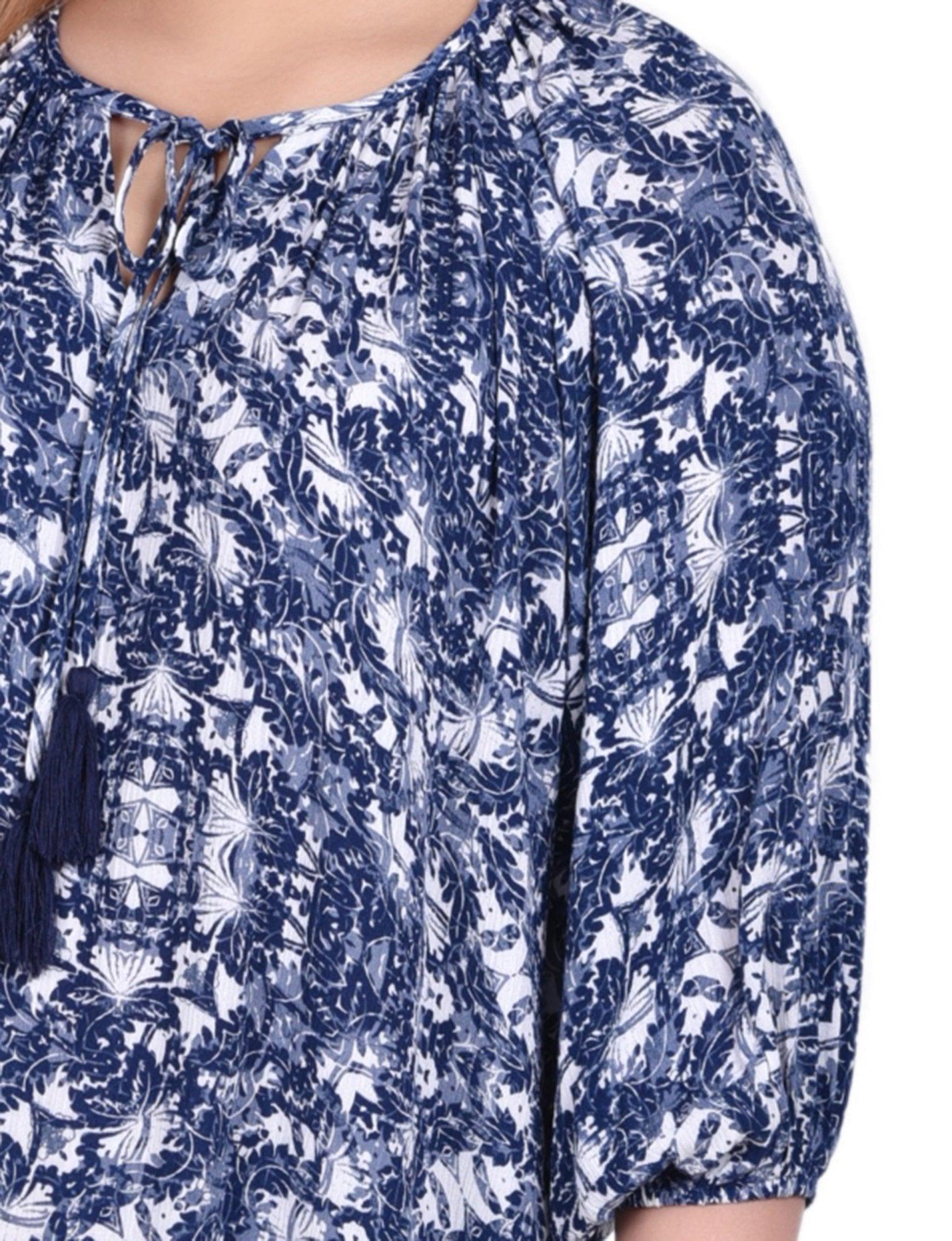 Navy Skyterrace 3/4 Sleeve Peasant Top With Tie Neckline - Plus Product Image