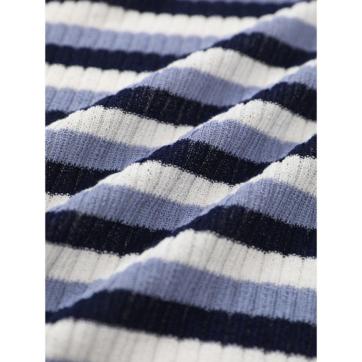 Plus Size Contrast Striped Rib Knit Button Through Cardigan Indigo Women Casual Loose Long Sleeve Dailywear Cardigans BloomChic 28/5X Product Image