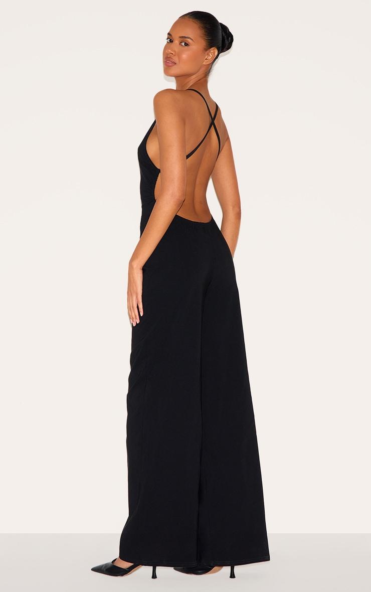 Black Stretch Woven Square Neck Wide Leg Jumpsuit Product Image