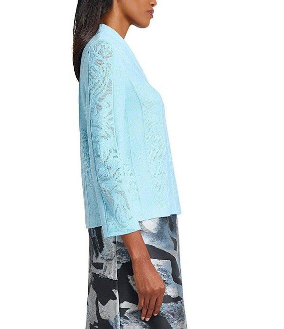 Ming Wang Floral Burnout Soft Knit Stand V-Neck Bracelet Sleeve Top Product Image