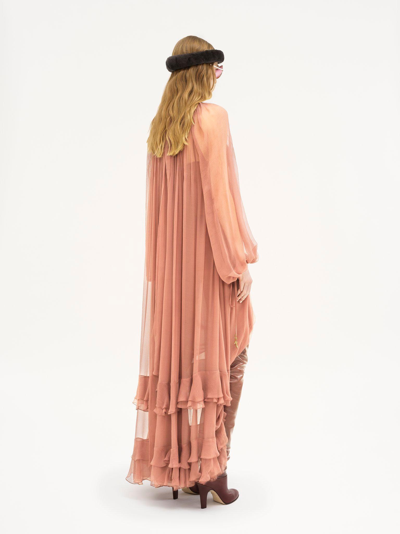 Gathered long dress in silk mousseline Product Image