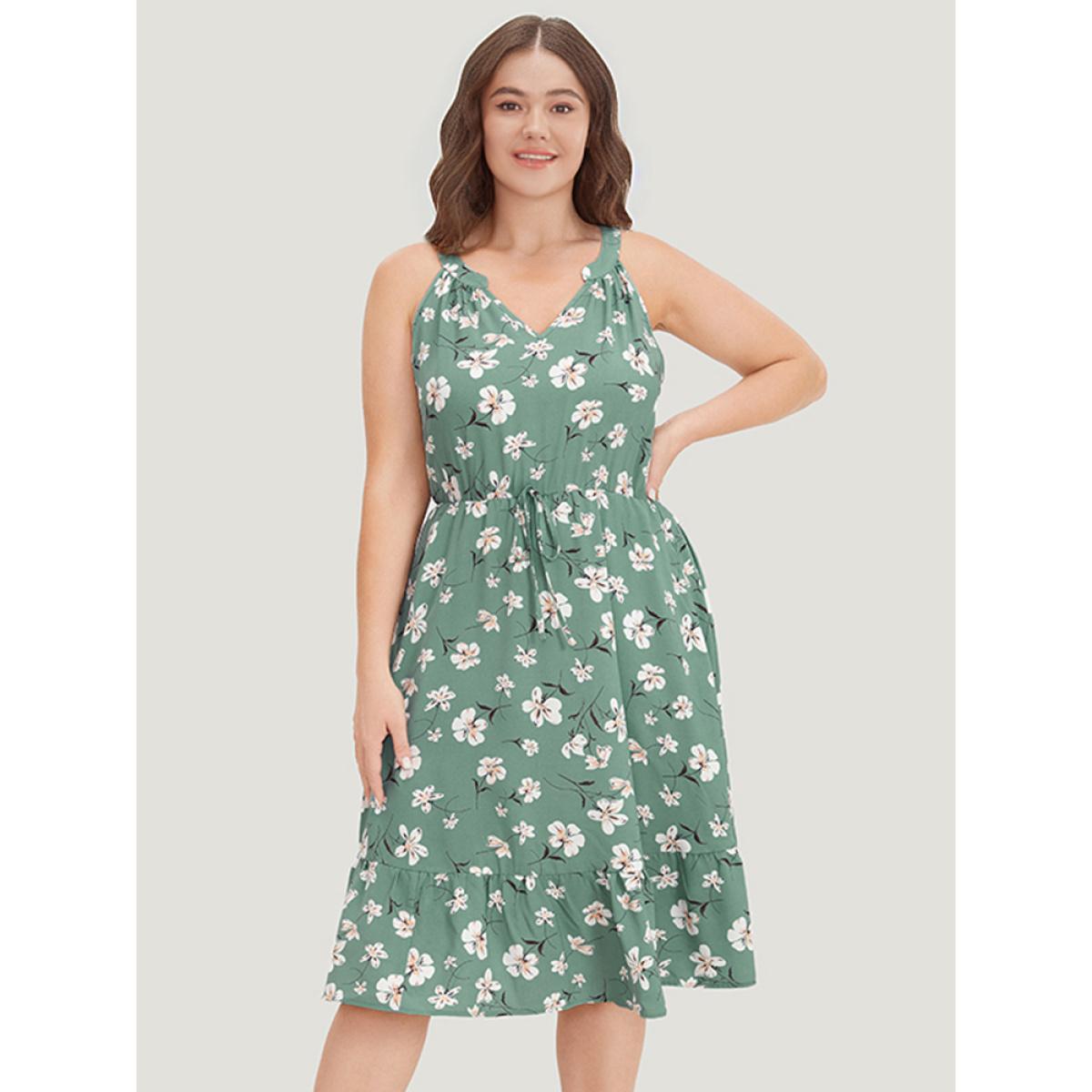 Plus Size Floral Elastic Waist Notched Pocket Ruffles Halter Dress Mint Women Elegant Patchwork Halter neck Sleeveless Curvy Knee Dress BloomChic 30/6X Product Image