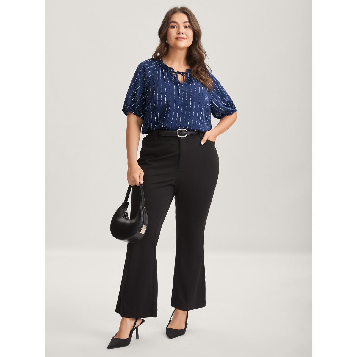 Plus Size DarkBlue Textured Notched Collar Tie Puffy Blouse Women Short sleeve Notched collar Office Blouses BloomChic 10/M Product Image