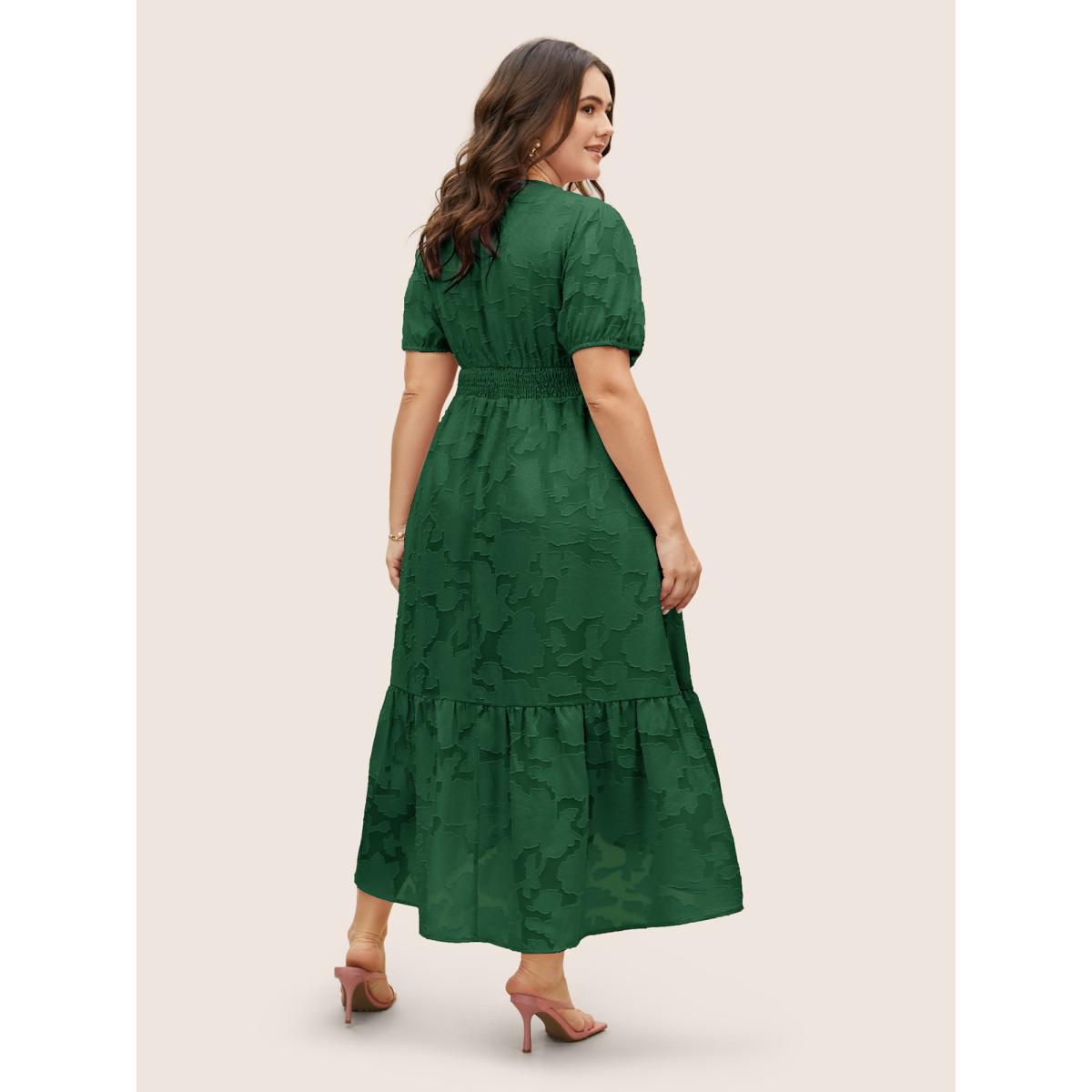 Plus Size Solid Textured Lantern Sleeve Button Detail Dress Emerald Women Elegant Button V-neck Short sleeve Curvy BloomChic 28/5X Product Image