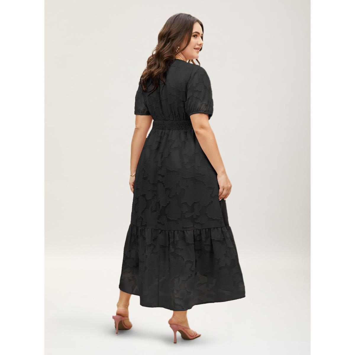 Plus Size Solid Textured Lantern Sleeve Button Detail Dress Black Women Romantic Button V-neck Short sleeve Curvy BloomChic 26/4X Product Image
