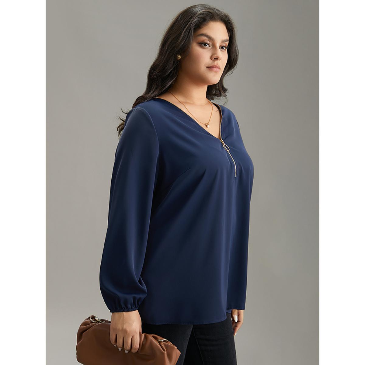 Plus Size Aegean Static-Free Plain Zipper Elastic Cuffs Blouse Women Office Long Sleeve V-neck Office Blouses BloomChic 22-24/3X Product Image