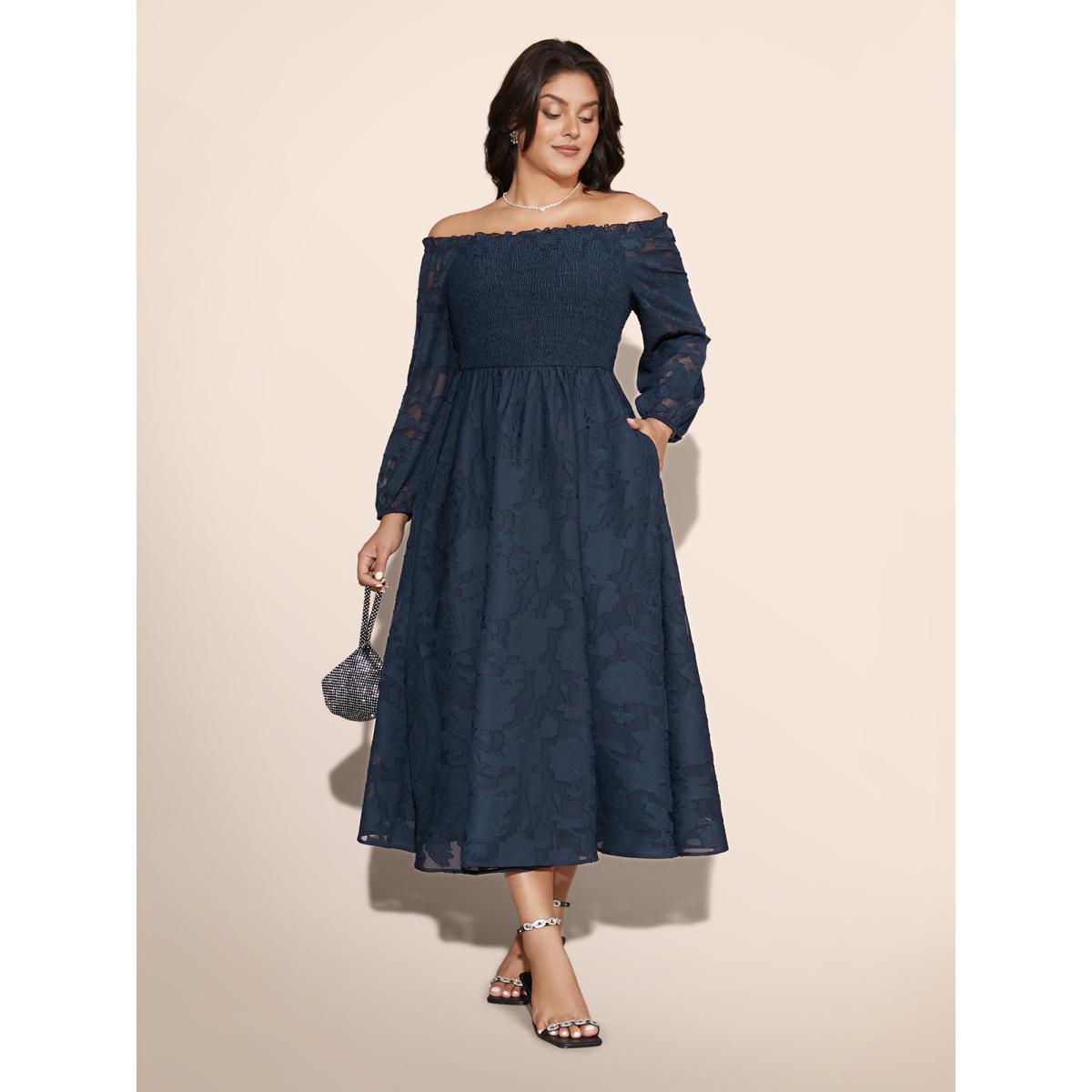 Plus Size Off Shoulder Shirred Frill Trim Dress Navy Women Cocktail Texture One-shoulder neck Long Sleeve Curvy BloomChic 30/6X Product Image