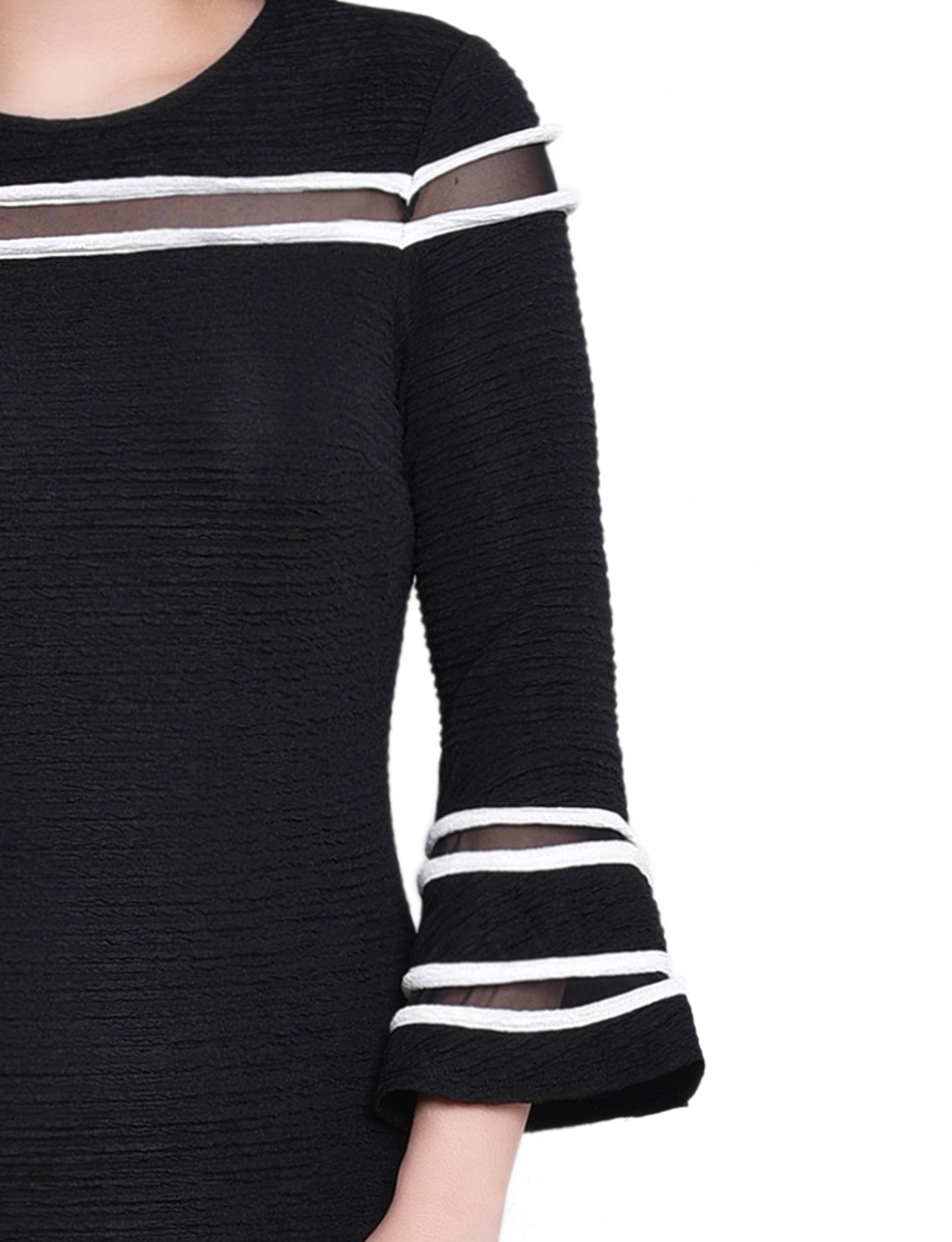 Black White Long Bell Sleeve Dress With Contrast Striping Product Image