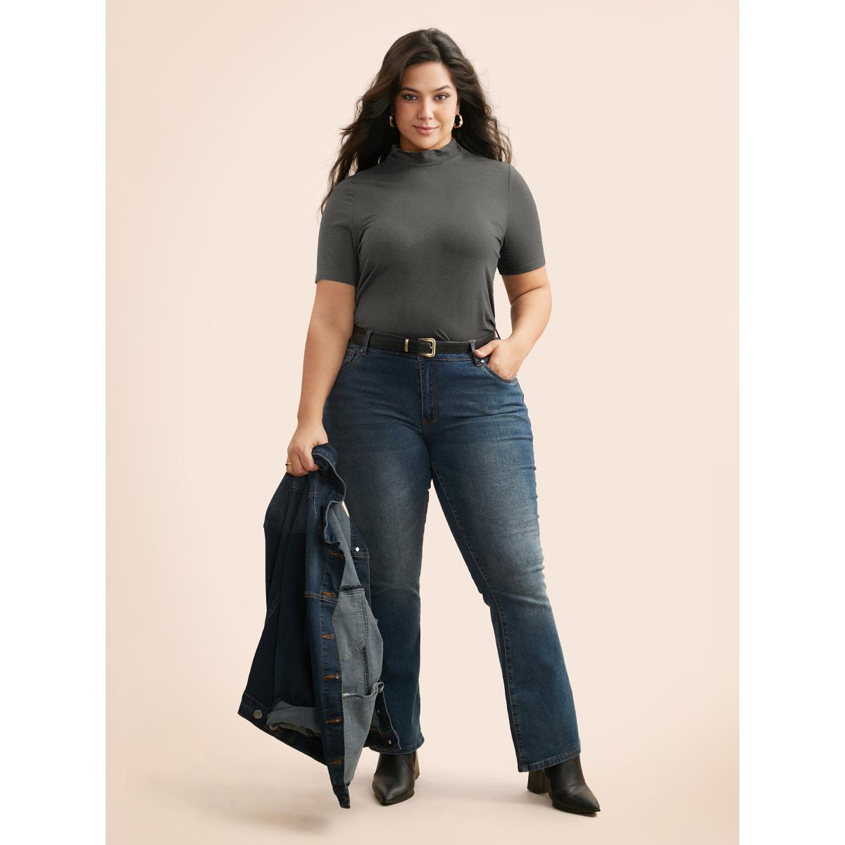 Plus Size Supersoft Essentials Solid Mock Neck T-shirt DimGray Women Casual Non Mock Neck Skinny Everyday T-shirts BloomChic 14-16/1X Product Image