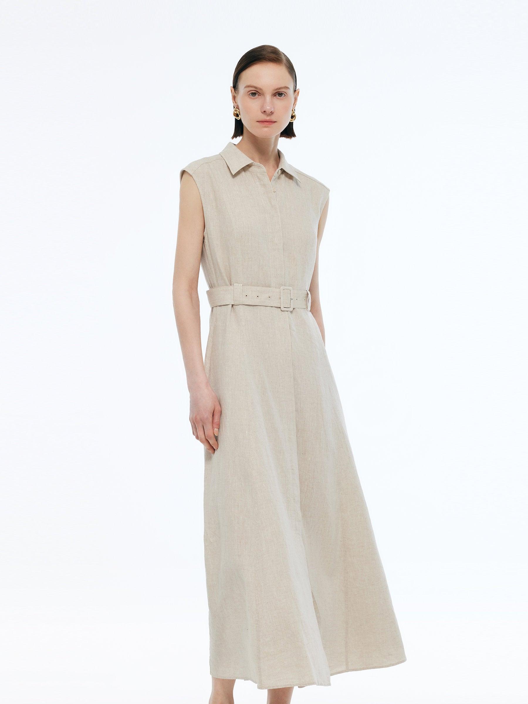 100% Linen Women Vest Maxi Shirt Dress With Belt Product Image