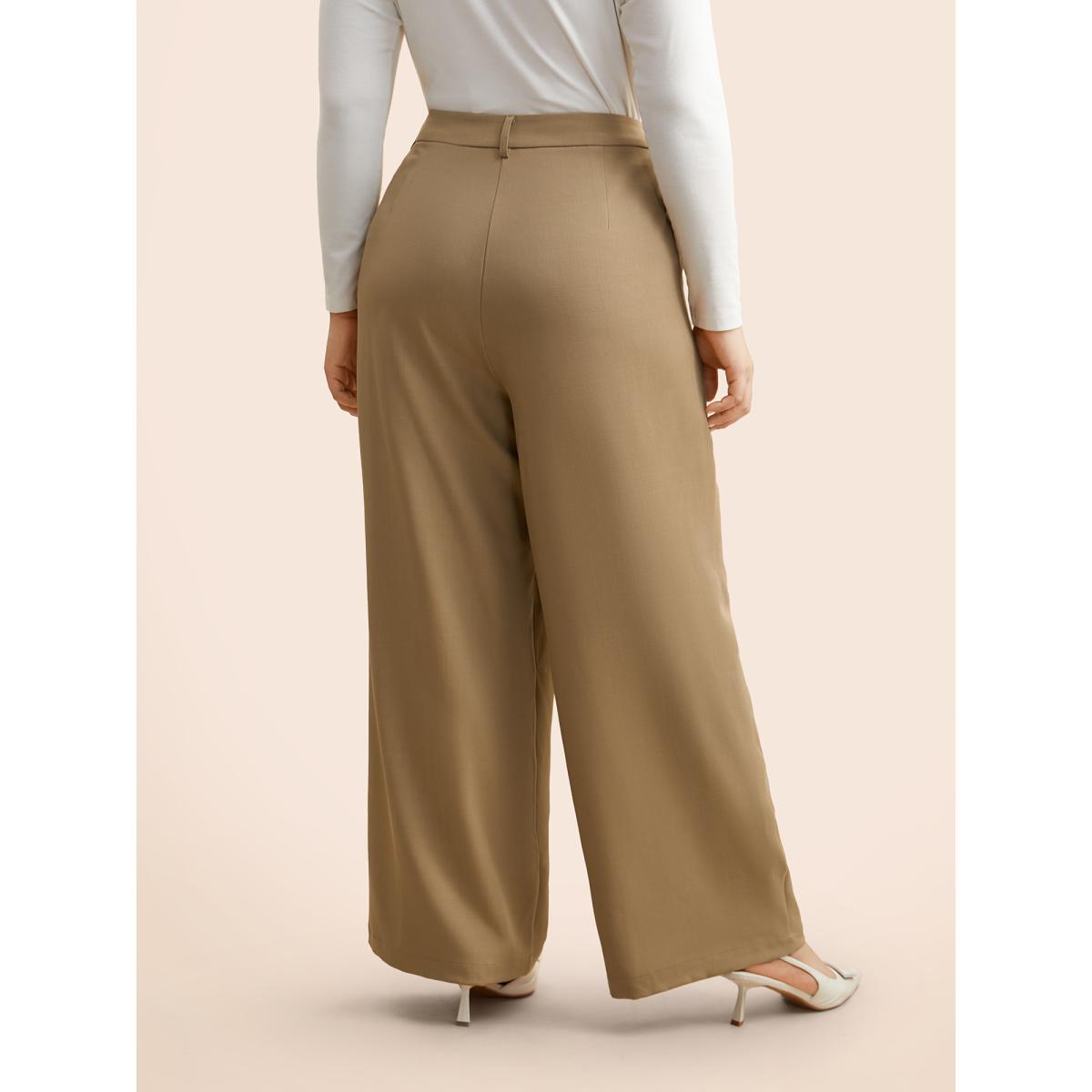 Plus Size Mid Rise Pleated Wide Leg Pants Women LightBrown At the Office Wide Leg Mid Rise Work Pants BloomChic 30/6X Product Image