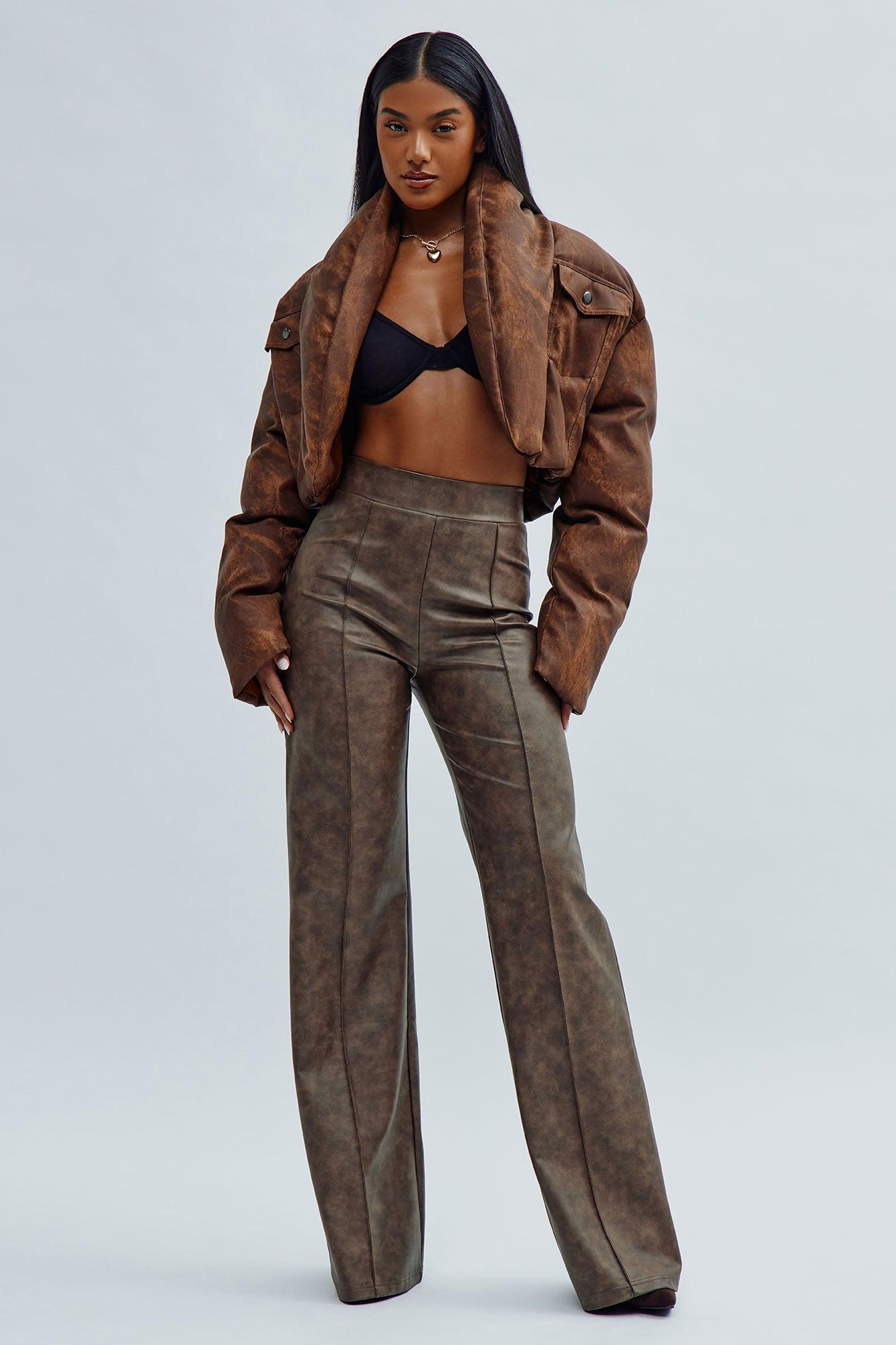 Victoria High Waisted Washed Faux Leather Dress Pants - Chocolate Product Image