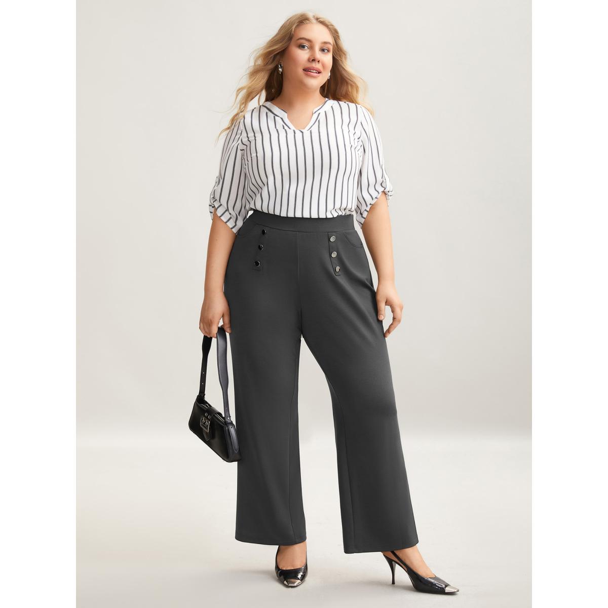 Plus Size Button No-Waist Gap Pull On Pants Women DimGray At the Office Bootcut Mid Rise Work Pants BloomChic 14-16/1X Product Image