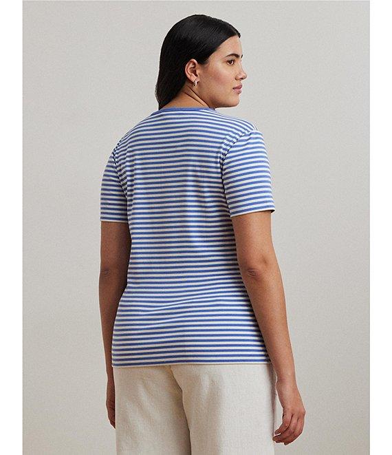 Lauren Ralph Lauren Plus Size Stretch Cotton Stripe Crew Neck Short Sleeve T-Shirt Product Image
