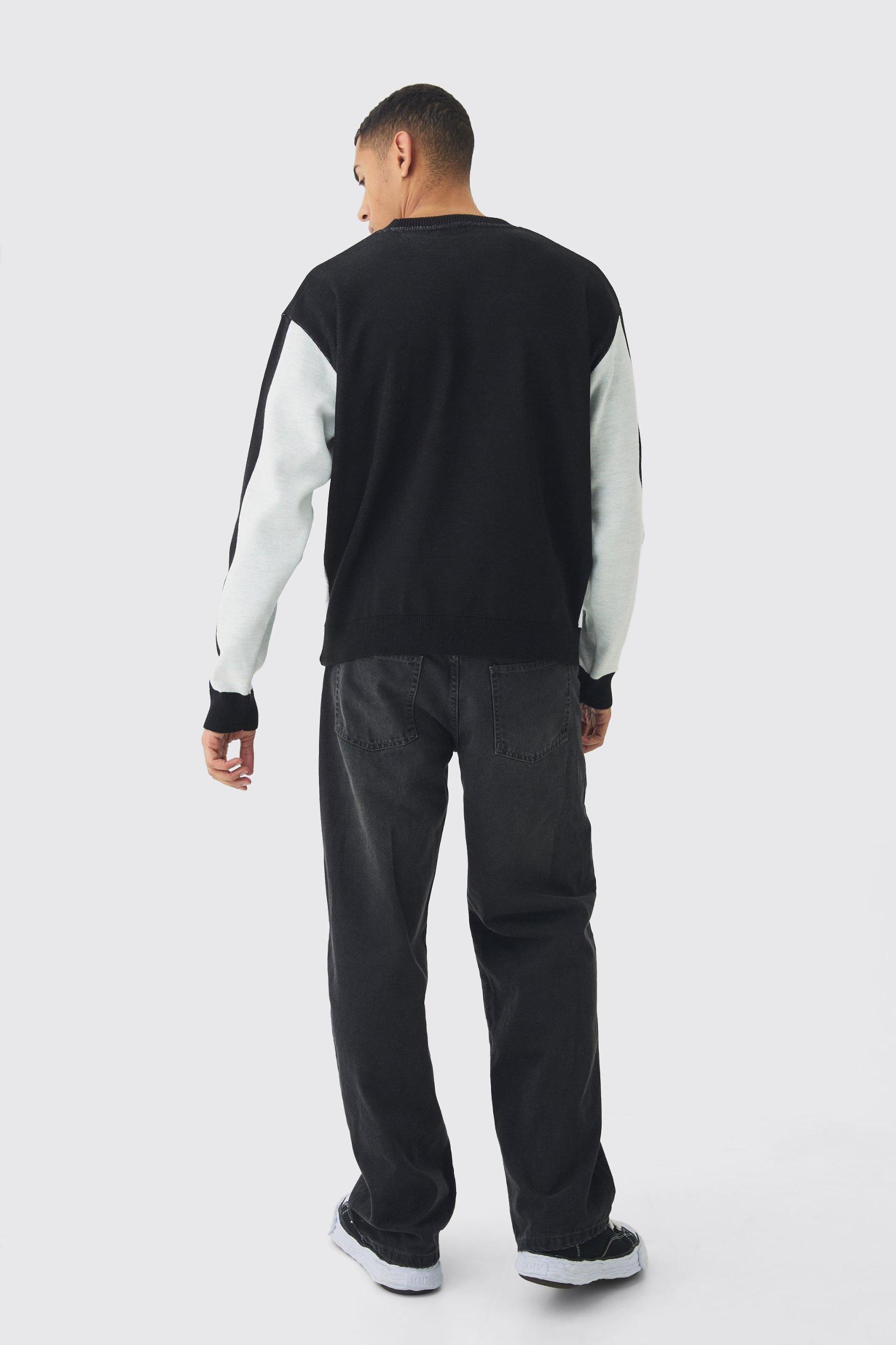 Oversized Boxy Moto Stripe Knitted Sweater | boohooMAN USA Product Image