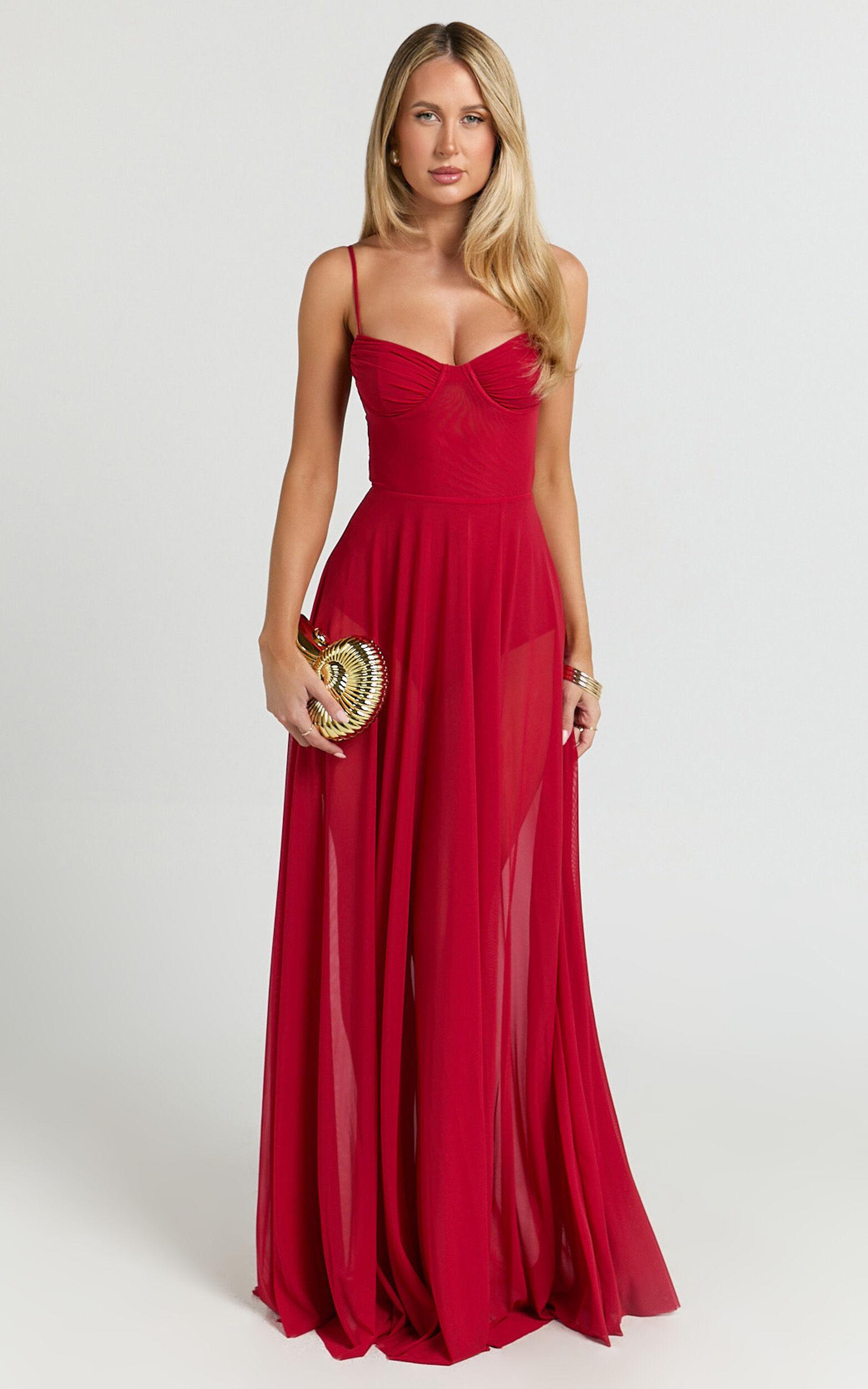 Kreanna Maxi Dress - Adjustable Strap Ruched Bodice Fit And Flare Dress in Red Product Image