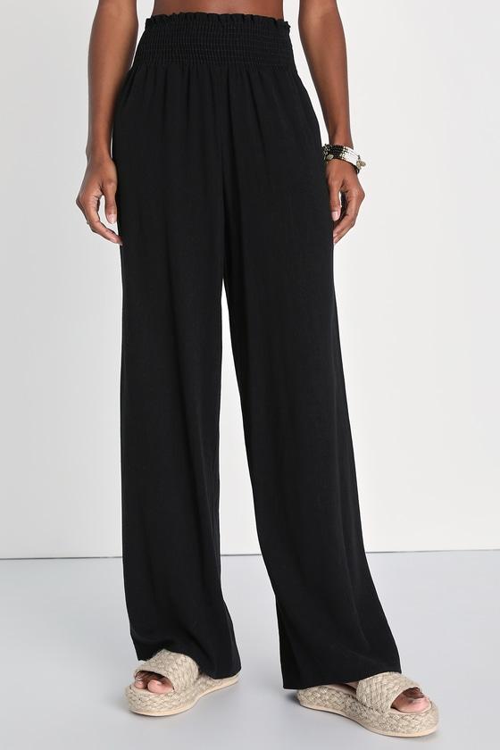 Hit the Breeze Black Smocked Wide-Leg Pants Product Image