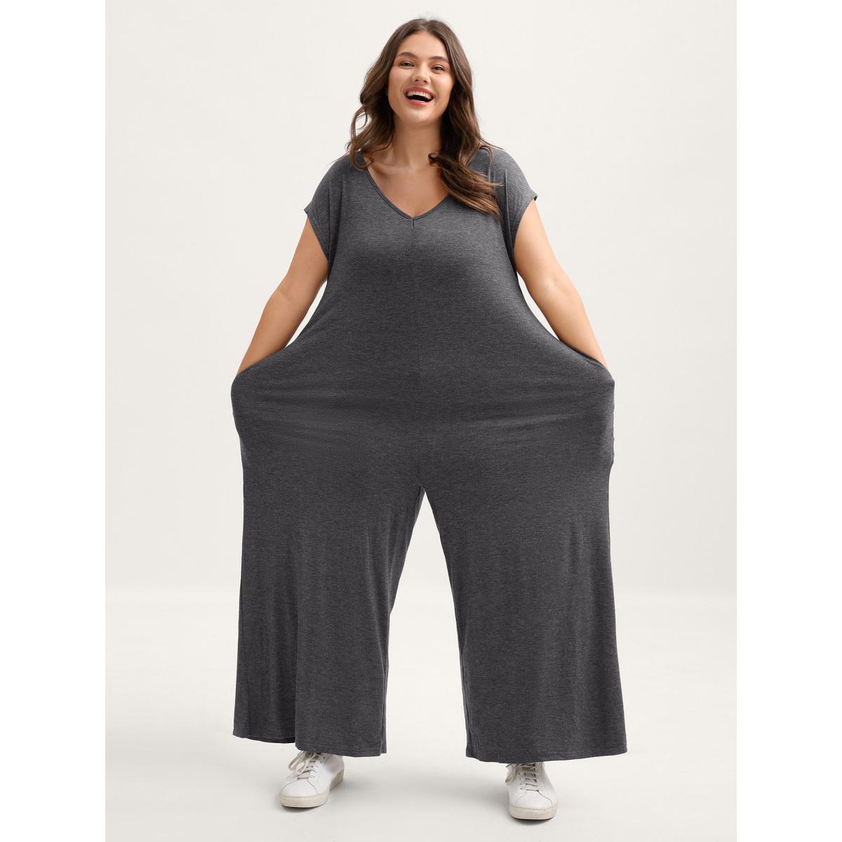 Plus Size DimGray Supersoft Waist-Contouring Wide-Leg Jumpsuit Women Leisure Cap Sleeve Heart neckline Casual Loose Jumpsuits BloomChic 10/M Product Image