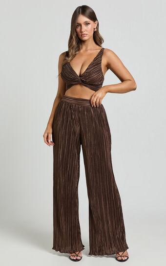 Gabby Two Piece Set - V Neck Twist Front Plisse Crop Top and High Waisted Plisse Relaxed Pants in Chocolate Product Image