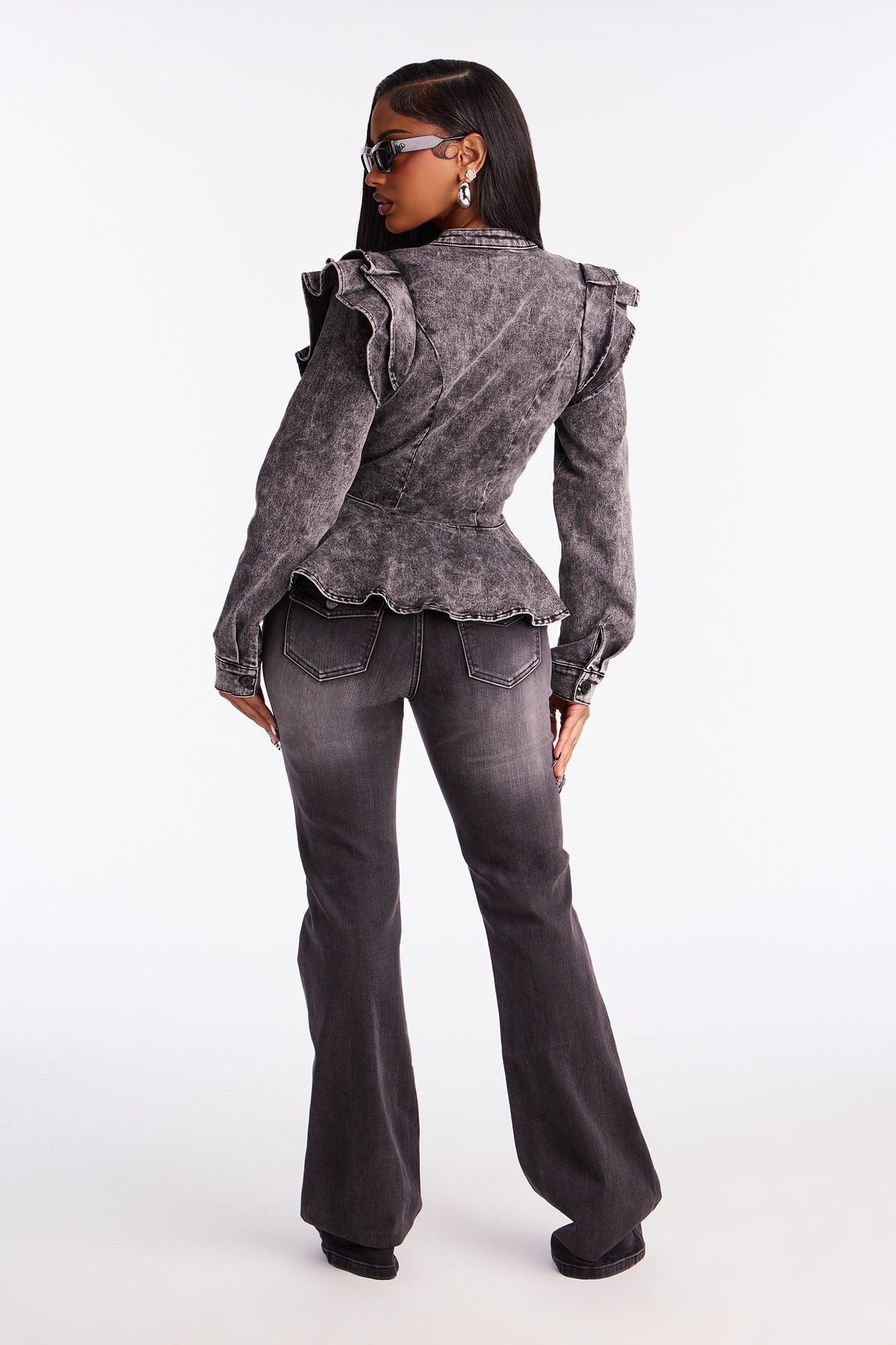 Denim Queen Peplum Jacket - Acid Wash Black Female Product Image