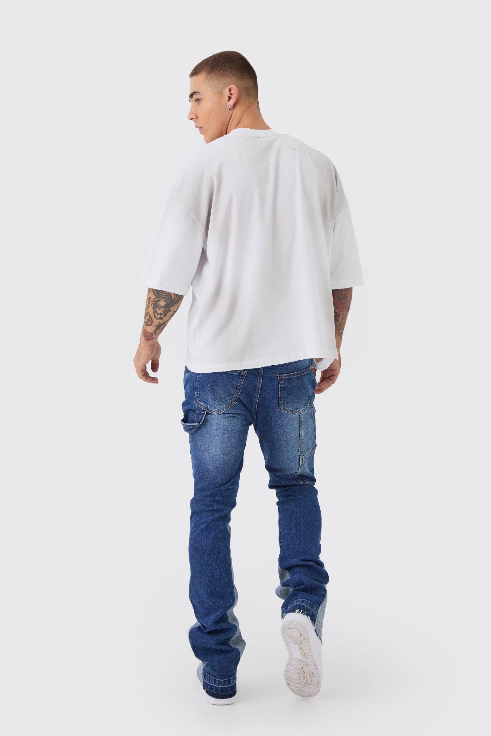 Skinny Flared Stacked Carpenter Gusset Washed Jeans | boohooMAN USA Product Image