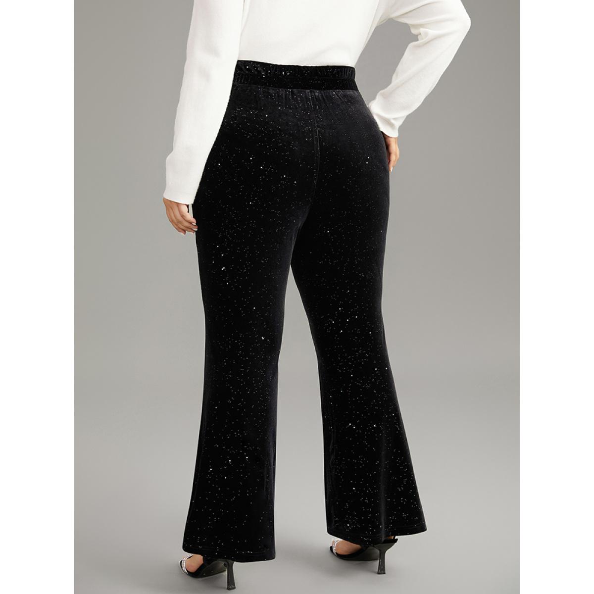 Plus Size Velvet Glitter Patchwork Pocket Flare Leg Pants Women Black Glamour Flare Leg High Rise Festival-Christmas Pants BloomChic 22-24/3X Product Image