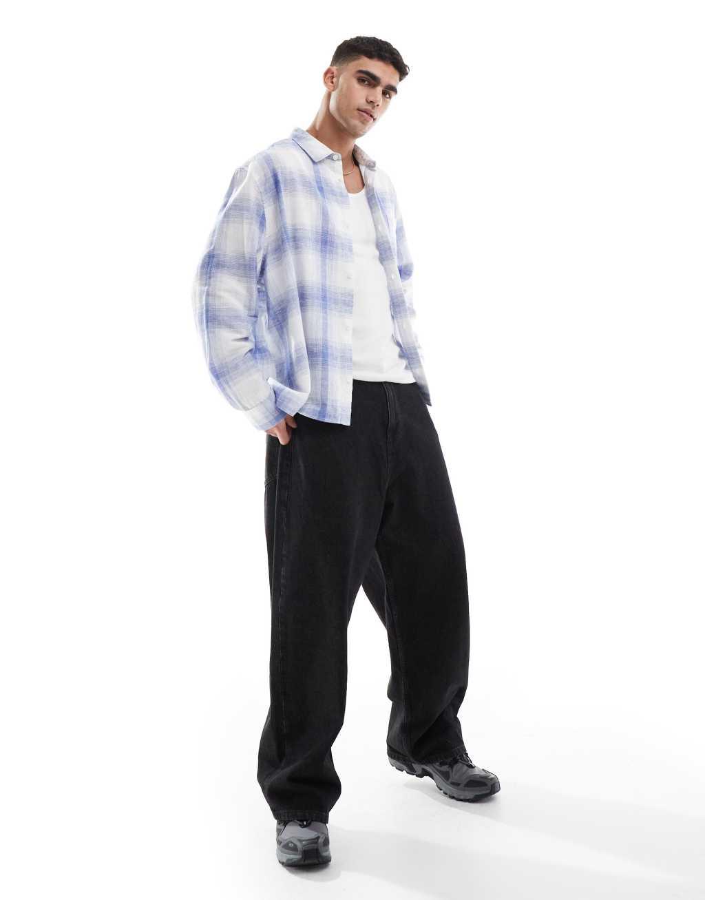 ASOS DESIGN boxy linen blend regular shirt with patch pocket in blue and white Product Image