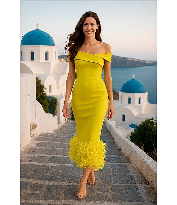 Terani Couture Off Shoulder Sheath Midi Dress With Feather Hem Product Image