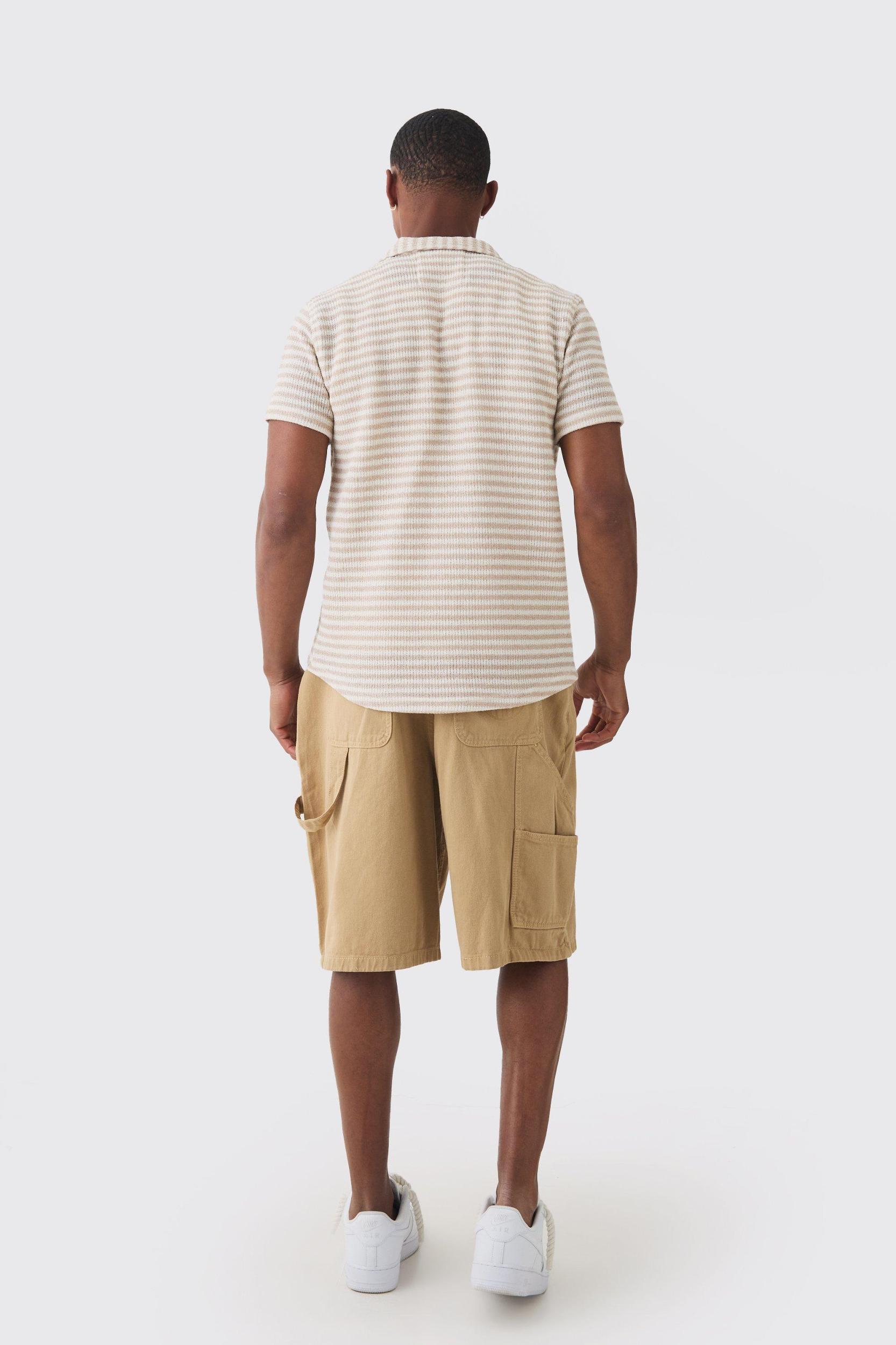Tonal Stripe Open Stitch Resort Shirt | boohooMAN USA Product Image