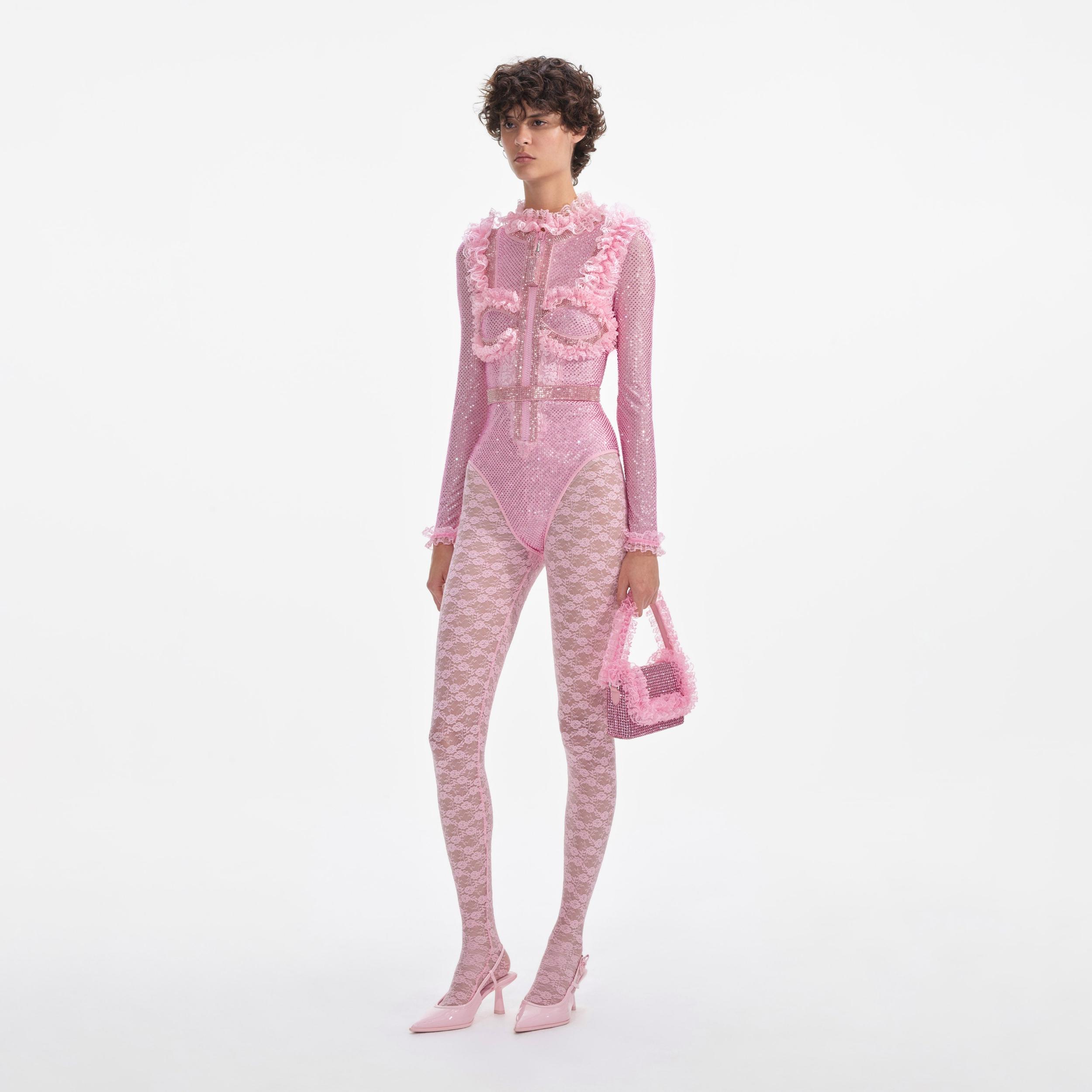 Pink Rhinestone Mesh Ruffle Bodysuit Product Image