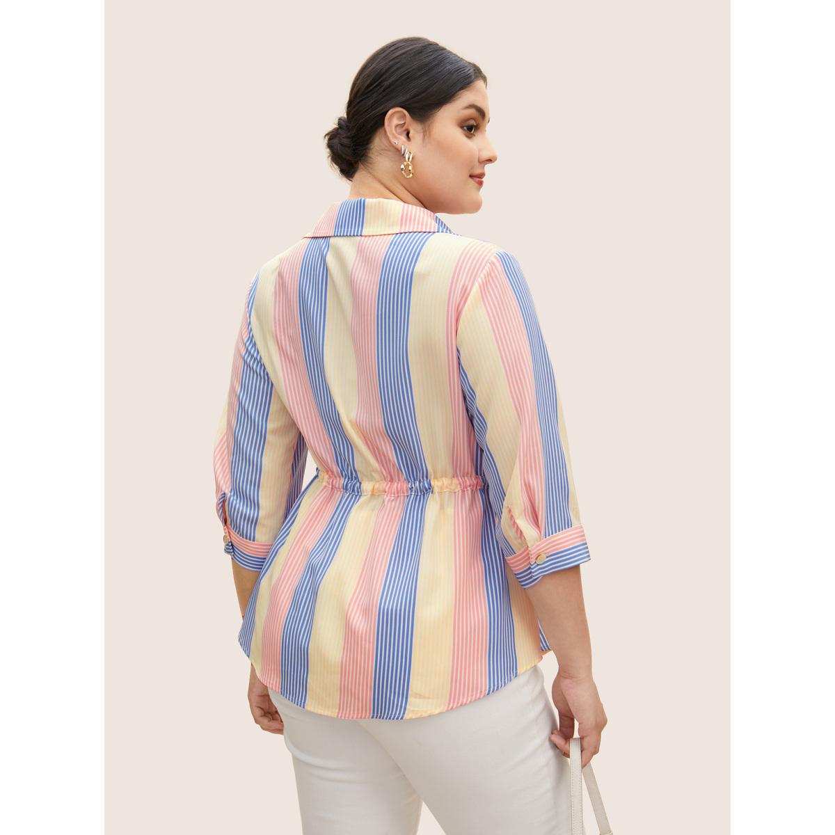 Plus Size Multicolor Contrast Striped Drawstring Patched Pocket Blouse Women Casual Elbow-length sleeve Shirt collar Everyday Blouses BloomChic 12/L Product Image