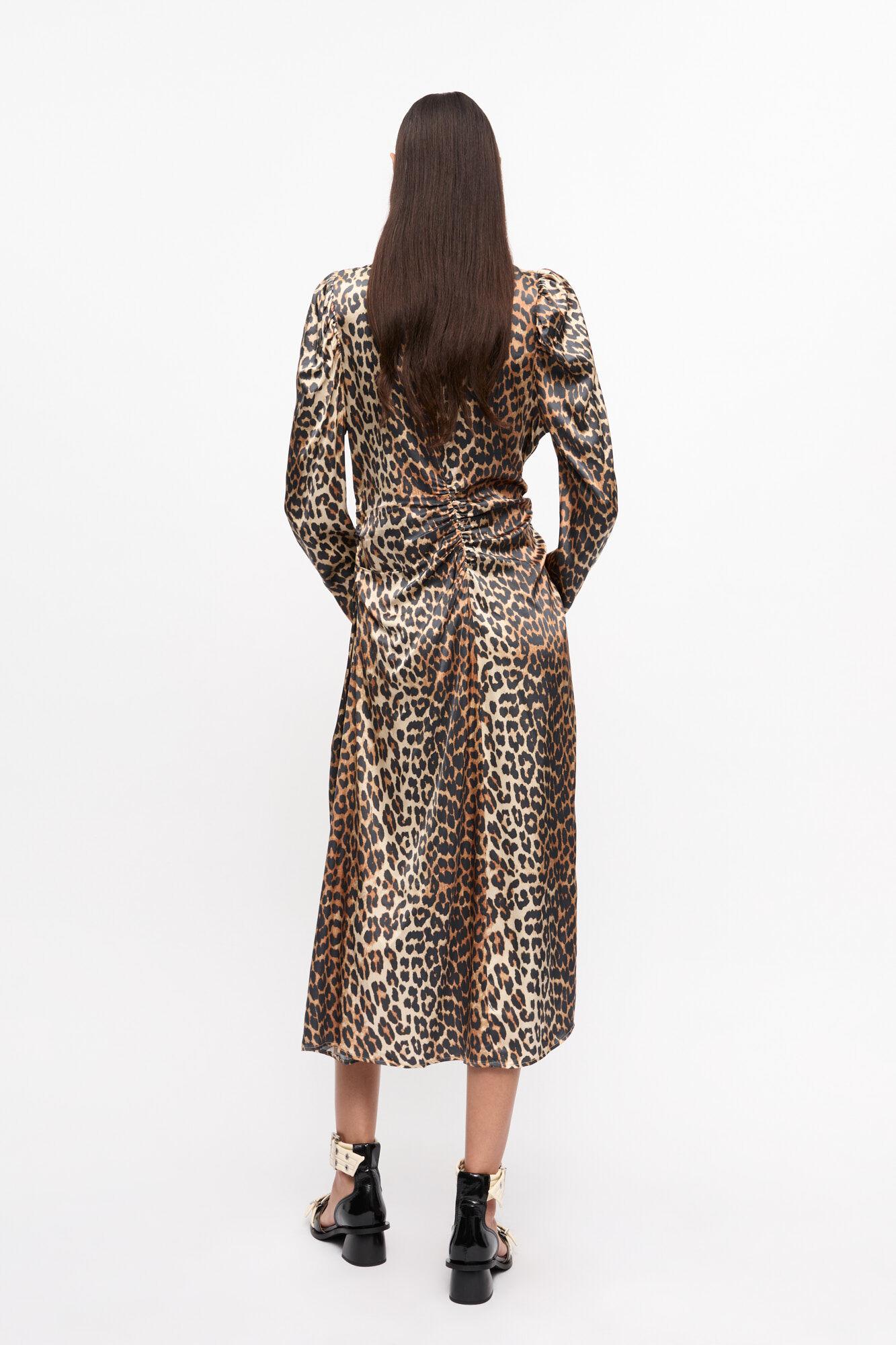 Leopard Print Satin Ruched Midi Dress Product Image
