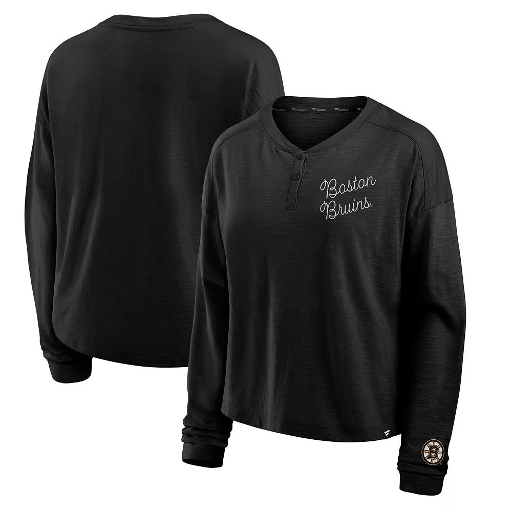 Women's Fanatics Black Boston Bruins Oversized All Out Effort Long Sleeve Henley T-Shirt, Size: Large Product Image