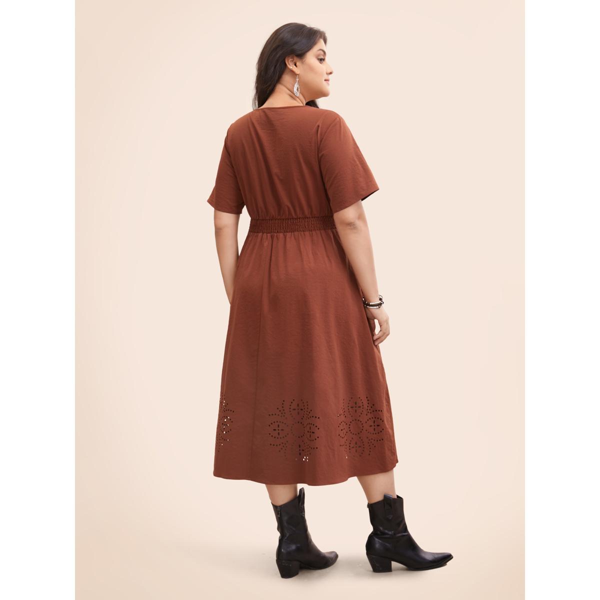 Plus Size Floral Burnout Stretchy Waist Midi Dress Rust Women Resort Cut-Out Round Neck Short sleeve Curvy BloomChic 26/4X Product Image