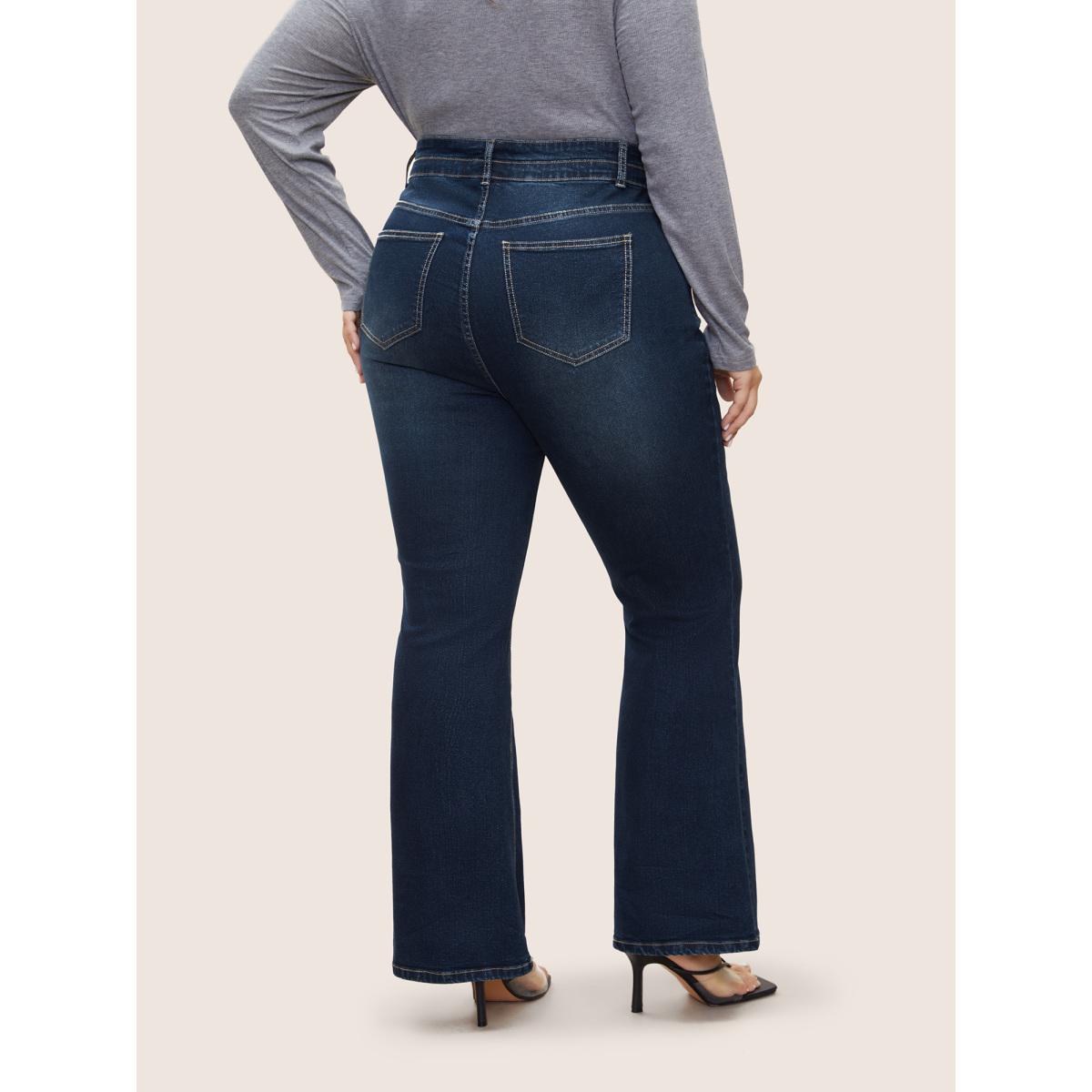 Plus Size Bootcut Seam Detail Button Up Full Length Jeans Women Indigo Casual Plain Non High stretch Slanted pocket Jeans BloomChic 20/2X Product Image