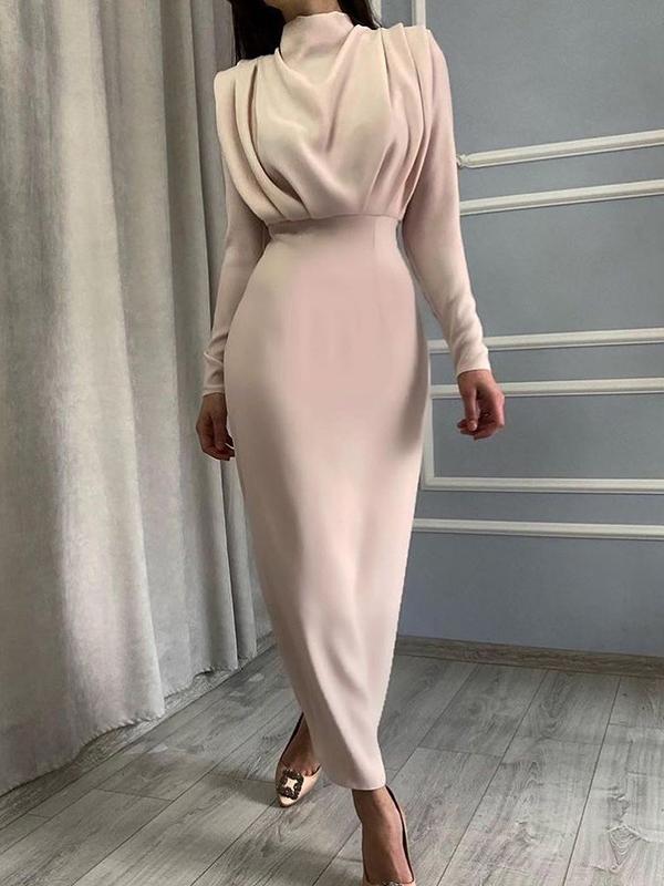 High Waisted Long Sleeves Pleated Solid Color Mock Neck Midi Dresses Product Image