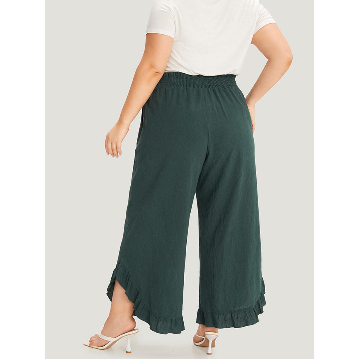 Plus Size Solid Ruffle Trim Pocket Paperbag Waist Pants Women DarkGreen Elegant Wide Leg Mid Rise Dailywear Pants BloomChic 10/M Product Image