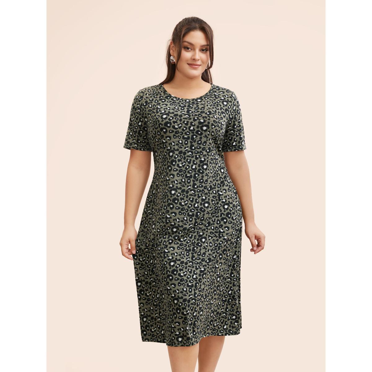 Plus Size Round Neck Leopard Print Midi Dress Sage Women Casual Non Round Neck Short sleeve Curvy BloomChic 14-16/1X Product Image