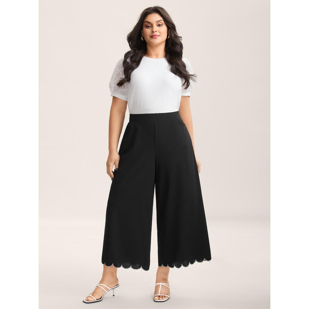Plus Size Scalloped Hem Pull-On Wide-Leg Pants Women Black Timeless Wide Leg Mid Rise Elegant Pants BloomChic 18-20/2X Product Image