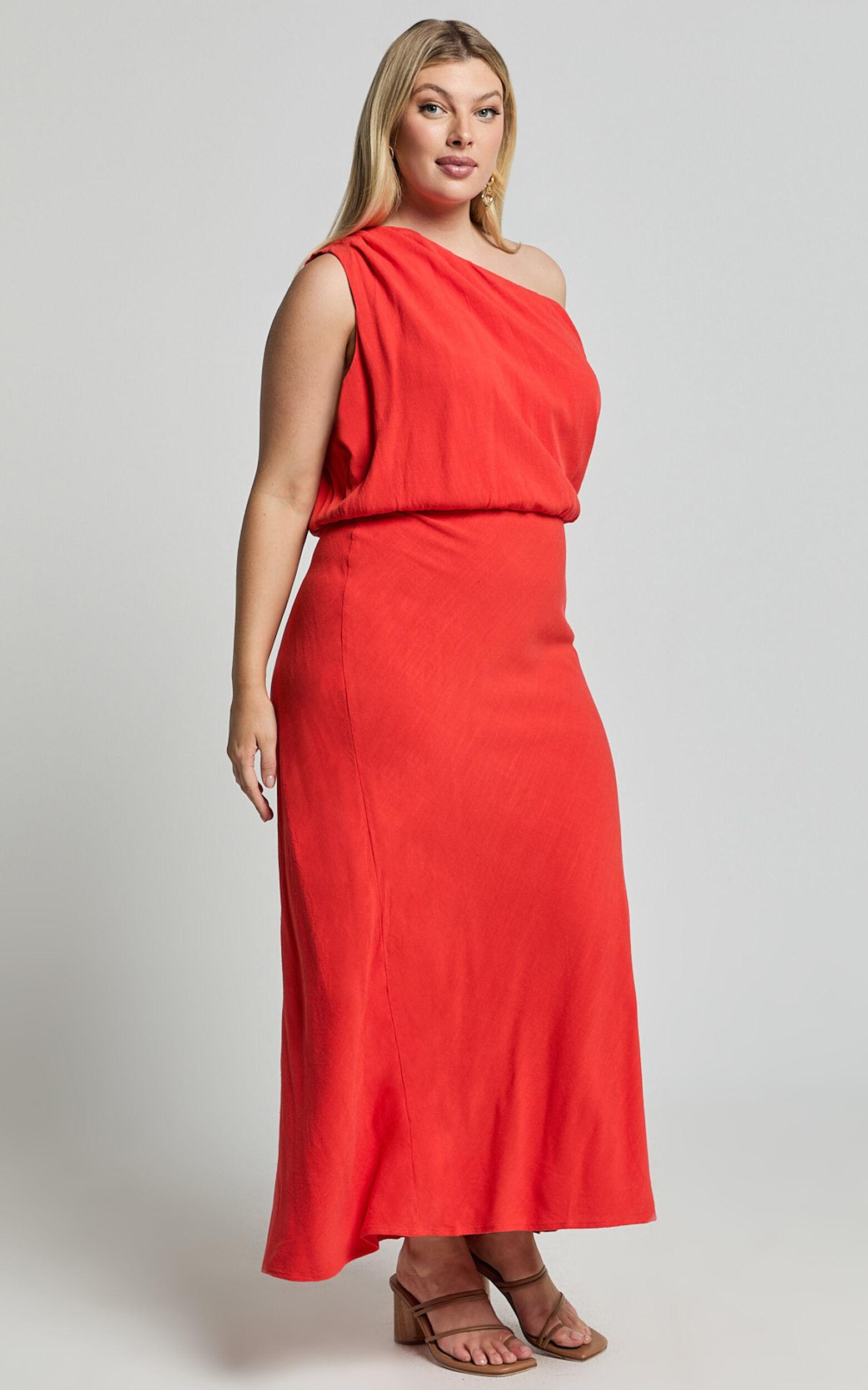 Jacqueline Midi Dress - Linen One Shoulder Dress in Sunset Product Image