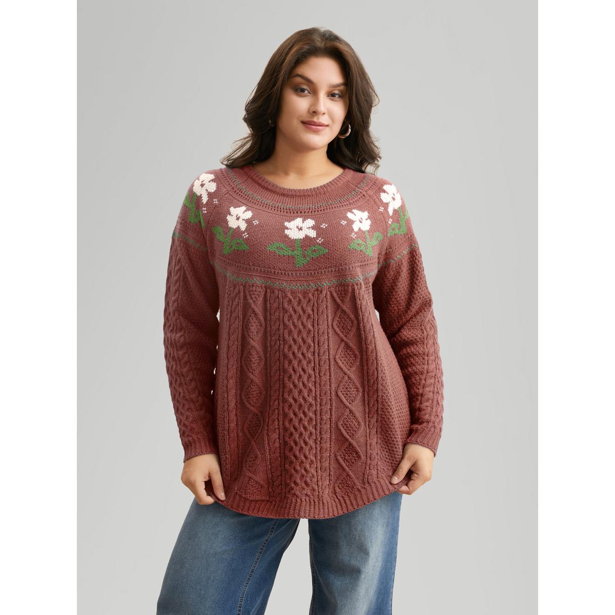 Plus Size Floral Jacquard Raglan Sleeve Pullover Russet Women Leisure Long Sleeve Round Neck Casual Pullovers BloomChic 12/L Product Image