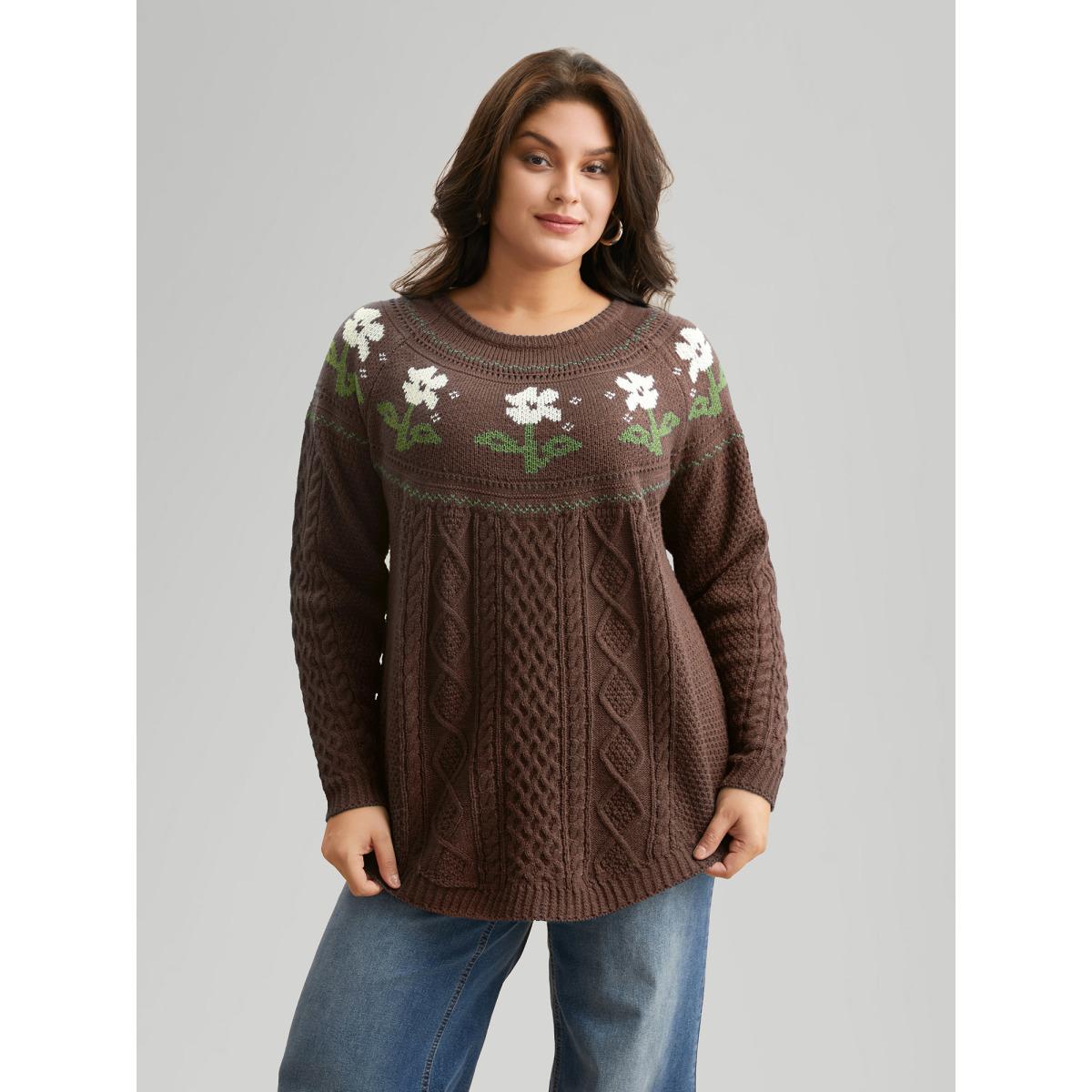 Plus Size Floral Jacquard Raglan Sleeve Pullover DarkGreen Women Casual Long Sleeve Round Neck Everyday Pullovers BloomChic 22-24/3X Product Image