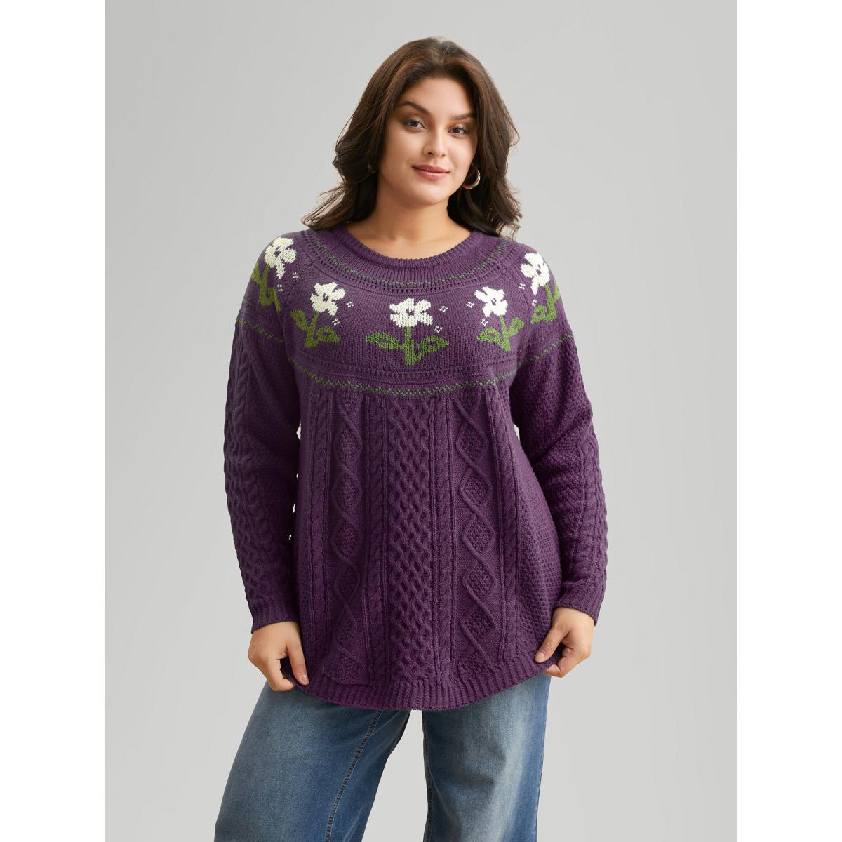 Plus Size Floral Jacquard Raglan Sleeve Pullover DarkGreen Women Casual Long Sleeve Round Neck Everyday Pullovers BloomChic 22-24/3X Product Image
