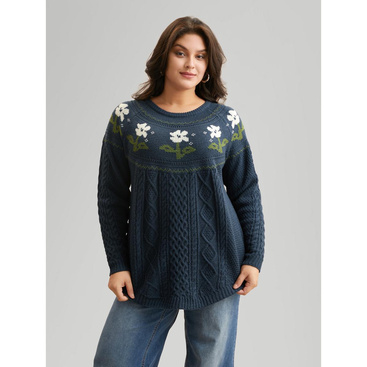 Plus Size Floral Jacquard Raglan Sleeve Pullover Indigo Women Leisure Long Sleeve Round Neck Casual Pullovers BloomChic 28/5X Product Image