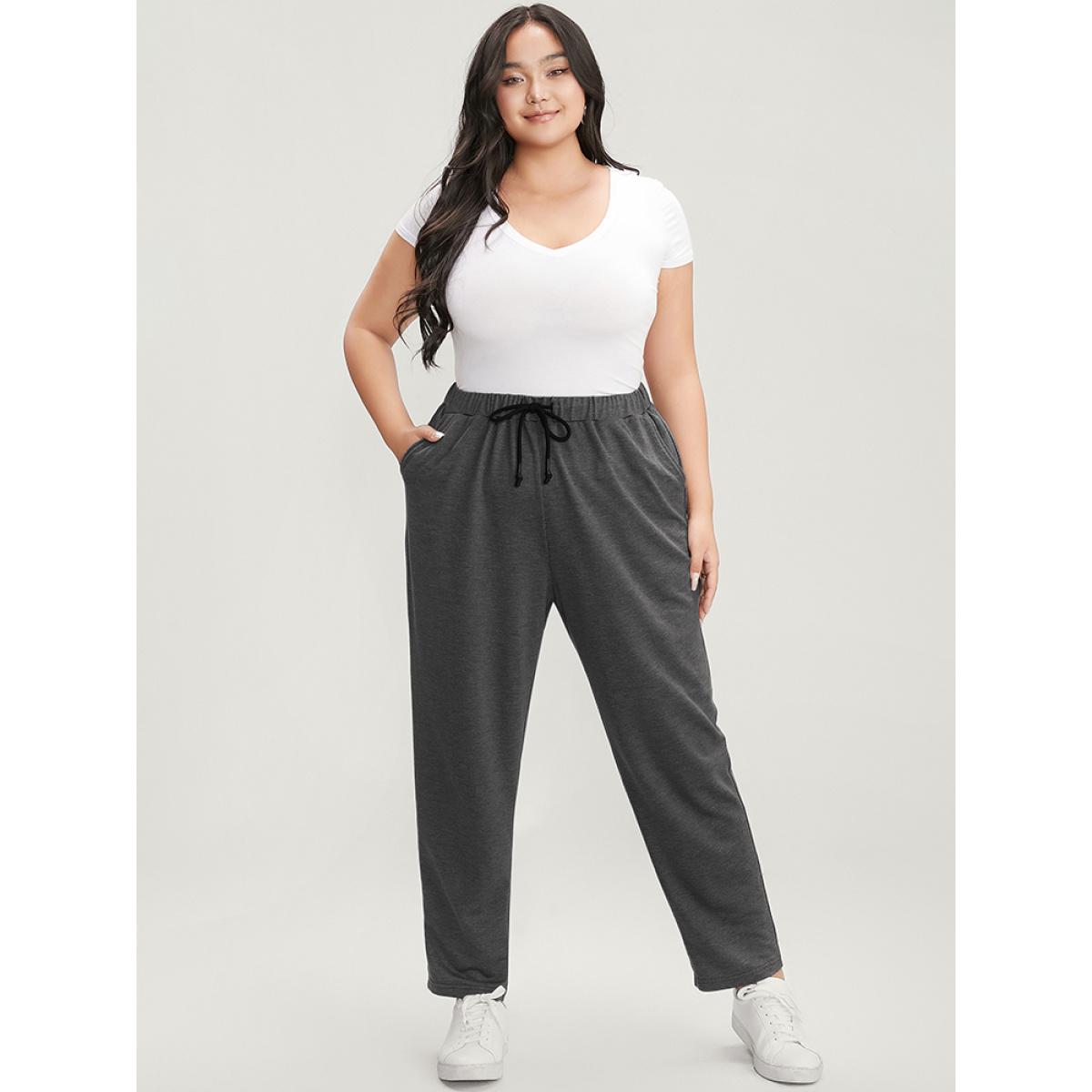 Plus Size Plain Pocket Elastic Waist Ties Front Pants Women Gray Casual Loose High Rise Dailywear Pants BloomChic 12/L Product Image