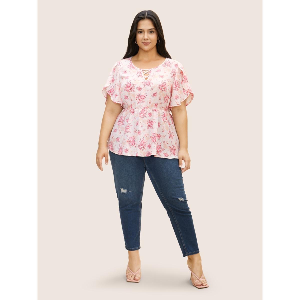 Plus Size Blush Floral Petal Sleeve Elastic Waist Crisscross Blouse Women Elegant Short sleeve Non Everyday Blouses BloomChic 18-20/2X Product Image
